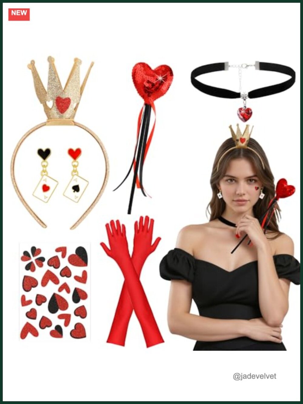 Queen Costume Accessory Set Heart Crown Wand Gloves Necklace Earrings